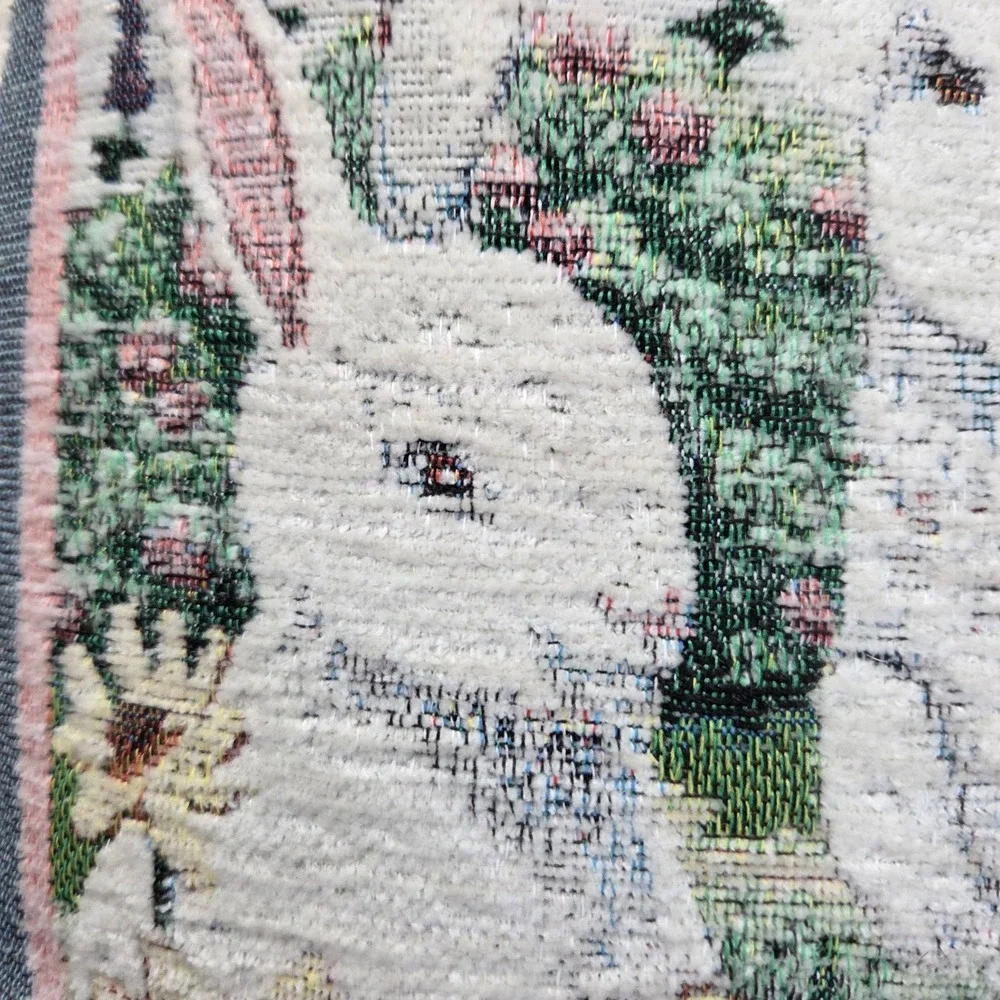 Vintage Woven Tapestry Bunny Rabbit Garden Throw Pillow Easter Cottagecore Decor